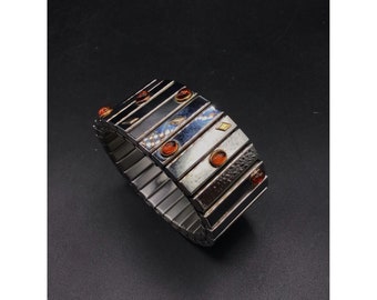 Stainless Steel 18k 750 Gold & Amber Expandable Bracelet Stretchy Wide and Heavy