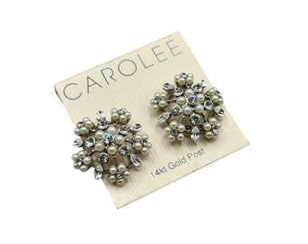 Carolee Earrings Rhinestones & Pearl Silver Tone Floral Formal Pierced Studs NOS