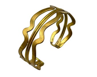 Brutalist Brass Wave Cuff Bracelet Irregular Hollow Handcrafted 70s Jewelry