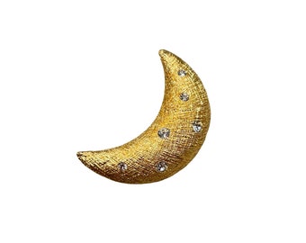 Vintage Christian Dior Moon Brooch Textured Gold Tone Crystals Crescent Moon