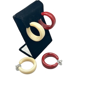 Vintage 70s Plastic Hoops Earrings Red And Cream Color 2 Pairs Pierced and Lightweight