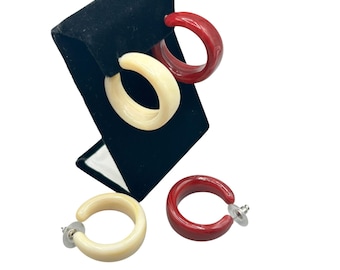 Vintage 70s Plastic Hoops Earrings Red And Cream Color 2 Pairs Pierced and Lightweight