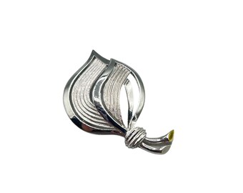 Vintage Signed Trifari Leaf Brooch Textured Silver Tone Classic & Elegant Design