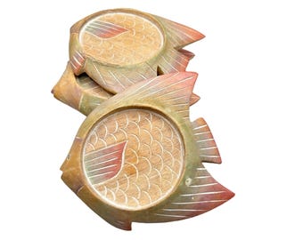 Beach House Decor Fish Coasters Set of 4 80s 90s Wood Carved Pastel Angel Fish