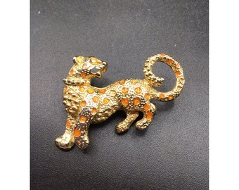 Wild Cat Cheetah Brooch Gold Tone & Orange Spots Vintage Animal Figural Jewelry