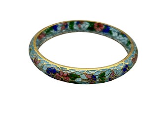 Vintage Plique A Jour Bangle Bracelet Delicate Floral Colorful Blue Tones Bangle