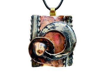 Vintage Brutalist Mixed Metals Hand Crafted  Geometric Pendant Necklace
