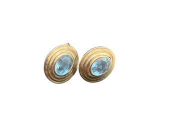Vintage Blue Topaz Earrings 14k Gold Triple Oval Shaped Studs Statement Earrings
