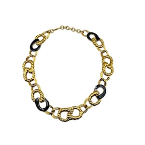 Vintage Monet Nautical Chain Link Necklace Gold Tone & Navy Blue Enamel