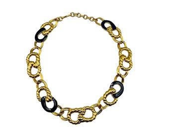 Vintage Monet Nautical Chain Link Necklace Gold Tone & Navy Blue Enamel