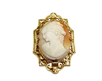 Vintage Cameo Pin Brooch Left Facing Genuine Carved Shell Art Deco Frame Setting