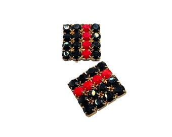 Vintage Clip On earrings Red And Black Rhinestones Squares Gold Tone Setting