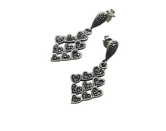 Sterling Silver Hearts Dangle Earrings Marcasites Stones Pierced Drops Classic Jewelry
