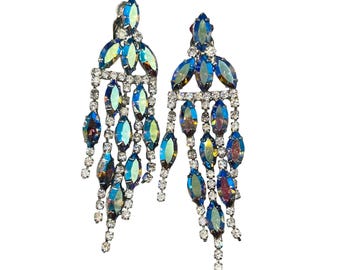 Vitg Rhinestones Earrings Blue Clear Large Waterfall Statement Chandeliers Clips