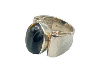 Green Tiger Eye Sterling Ring Size 6.5 Wide Band Genuine Semi Precious Stone