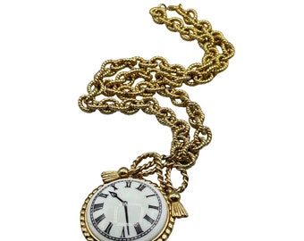 Vintage Clock Necklace Ceramic Pendant Textured Chunky Chain Statement Jewelry