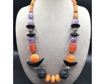 Oriental Semi Precious Gemstones Necklace Carnelian Amethyst Carved Mixed Beads