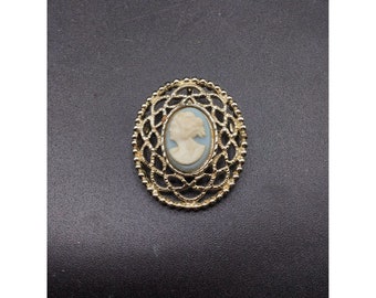 Sarah Coventry Signed Faux Cameo Pin & Pendant Blue Cameo in Gold Tone Frame