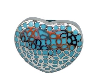 Enamel Love Heart Ring Size 8 Chunky Stainless Steel Puffy Heart with Blue Inlay