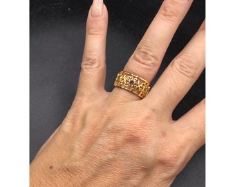 Filigree Ring Size 8 Gold Tone Wide Openwork Band Colored Semi-Precious Stones