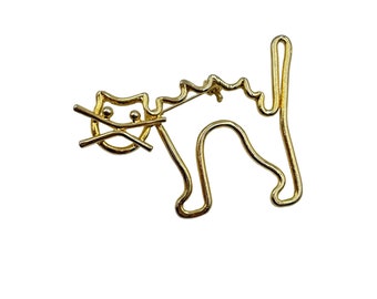 Vintage Spooky Cat Pin Brooch Gold Tone Outline Animal Figural Costume Jewelry