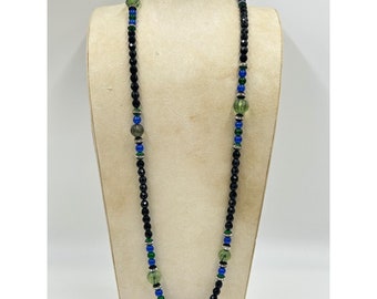 Beautiful Long Black & Green Necklace Melon Shaped Beads Rhinestones Rondelles