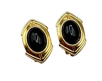Vintage Elegant Clip On Earrings Black Cabochons Gold Tone Metal 80s 90s Clips