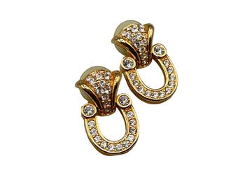 Swarovski Earrings Swan Signed Gold Tone Crystal Horseshoe Door Knockers