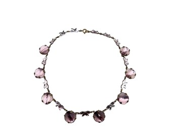 Antique Czechoslovakia Vauxhall Necklace Dusty Pink Ornate Glass Delicate Dainty