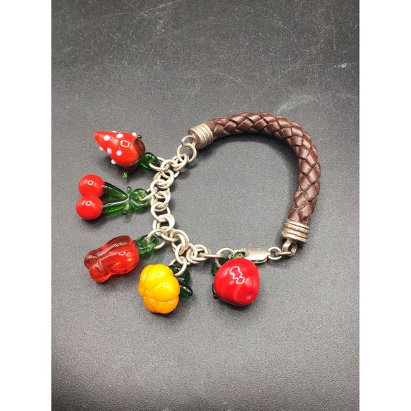 Bracelet fruits et légumes, breloques artistiques en verre, cuir et chaîne en argent sterling