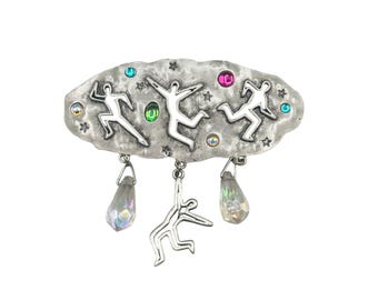 Vintage JJ Jonette Jewelry Dancing Figures Silver Tone Pin Brooch With Dangles