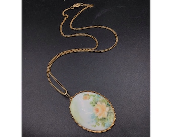 Romantic Roses Cameo Style Necklace Painted Flower Ceramic with Gold Tone Chain