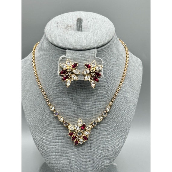 Vtg Monet Necklace and Earrings Set Clear and Red… - image 3