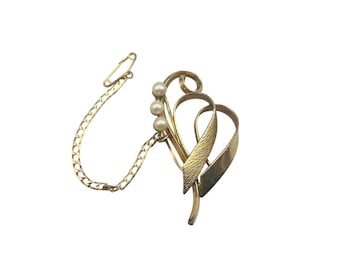 Vintage Gold Filled Pin Brooch With Genuine Pearls And Safety Chain