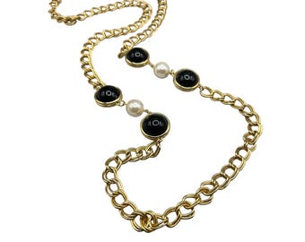 Vintage Gold Tone Station Necklace with Black & Pearl Beads Link Chain