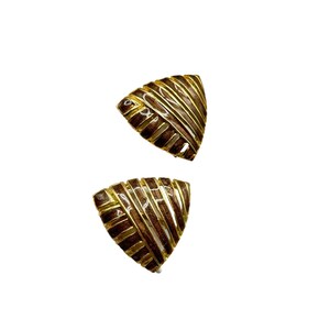 Vintage Clip On Earrings Triangular Openwork Brown Enameled Gold Tone
