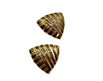 Vintage Clip On Earrings Triangular Openwork Brown Enameled Gold Tone