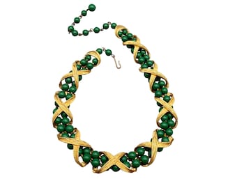 Vintage Gold Tone And Green Beads Necklace Vintage Double Strand Textured