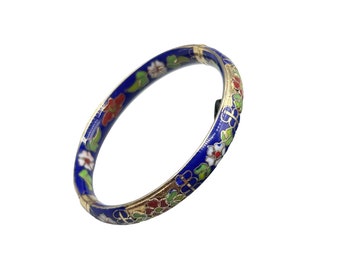 Vtg Blue Enamel Cloisonne Bracelet Hinged Bangle Oriental Collectible Jewelry