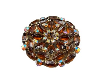 Vintage Topaz Color Rhinestones Pin Brooch Layered Domed Aurora Borealis Stones