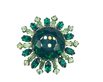 Vintage Glowing Brooch UV reactive Rhinestones Domed Emerald Green Glass Pin