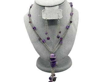 Vintage Purple Amethyst Necklace & Earrings Set Silver Tone Chain