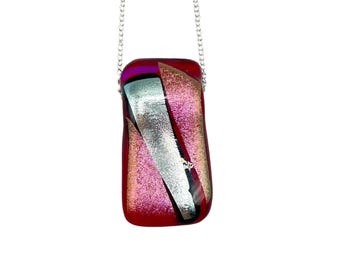 Dichroic Glass Pendant Necklace Handmade One of a Kind Artist Signed Red Silver
