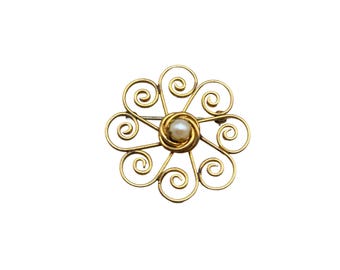 Vintage Amco Gold Filled Flower Brooch 1/20 12k Filigree Flower with Faux Pearl