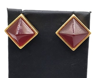 Vintage Pyramid Earrings Gold Tone & Faux Carnelian Posts Studs Geometric Design
