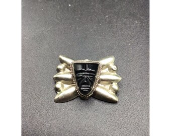 Mexico Onyx Mask Pin Brooch Carved Black Stone Warrior Sterling Silver Setting
