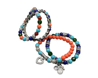 GRAZIANO Stretch Bracelets Set Of 4 Beaded Elastic Plastic Blue Turquoise Coral Color