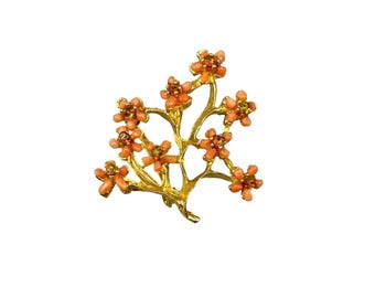 Vintage Gold Tone Floral Brooch with Coral & Citrine Gemstone Chips Twig Branch