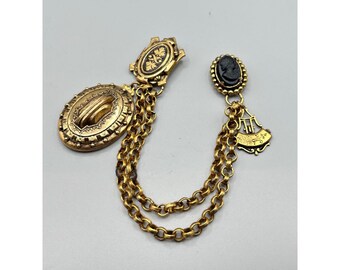 Vintage Double Dress Clips Gold Tone with Chains Locket Faux Cameo Older Jewelry