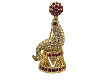 Vintage Napier Gold Tone Seal Brooch with Rhinestones Ball Elegant Pin Jewelry